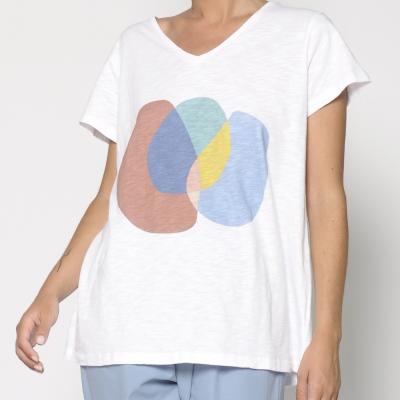 Tee-shirt manches courtes blanc motif multicolore