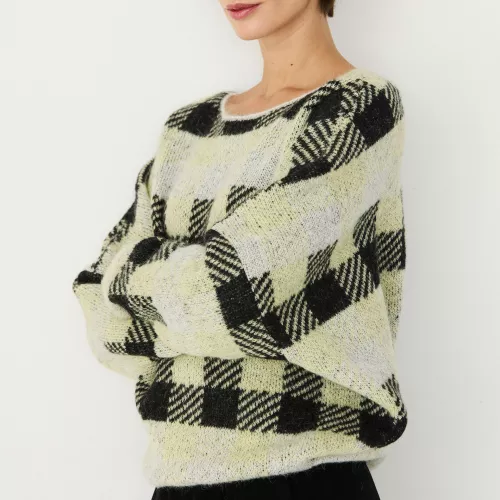 Pull NAIA jacquard carreaux noir gris jaune