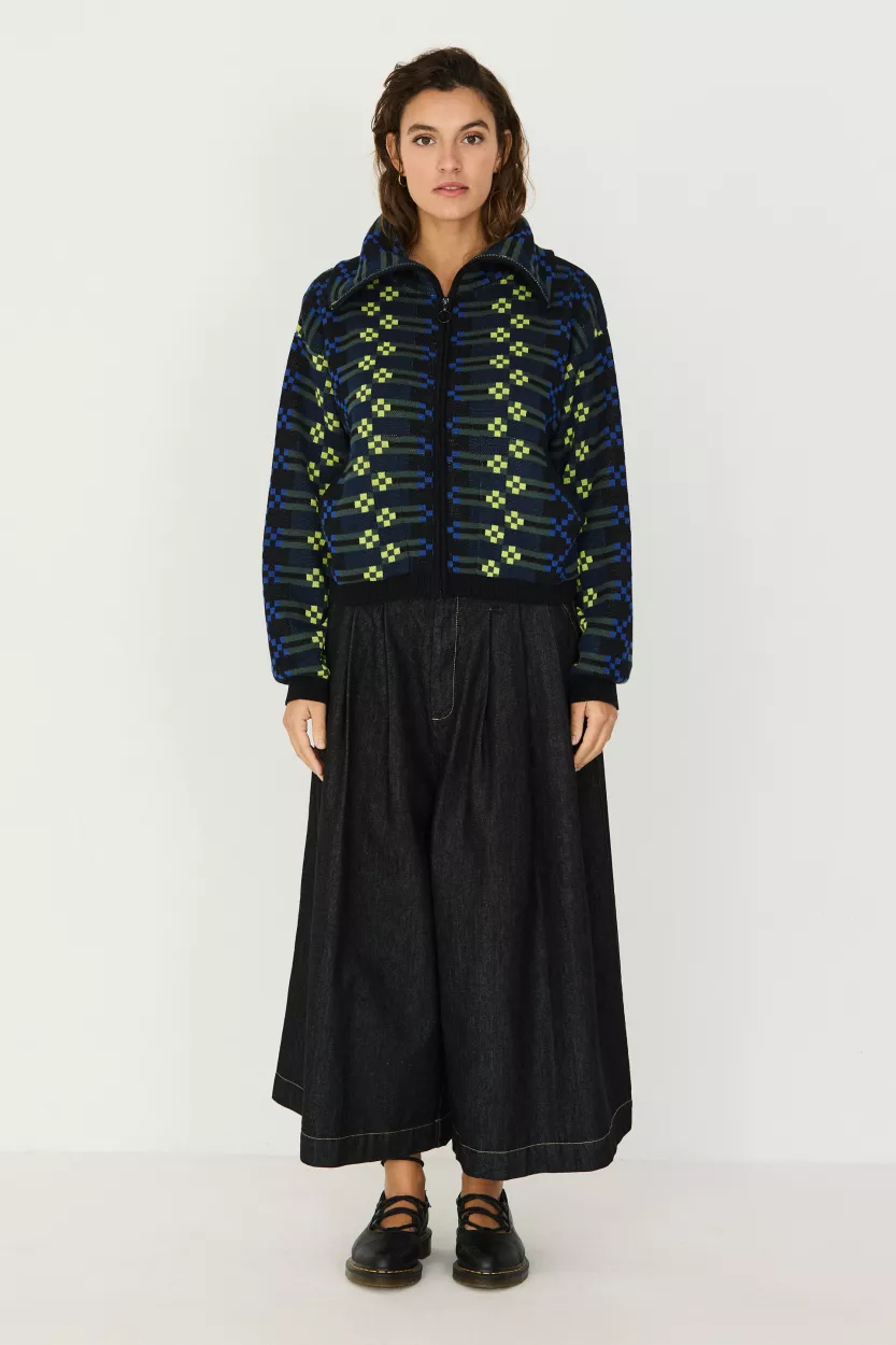 Gilet zippé LENORE-GOTS jacquard noir motif bleu et jaune – vue 2