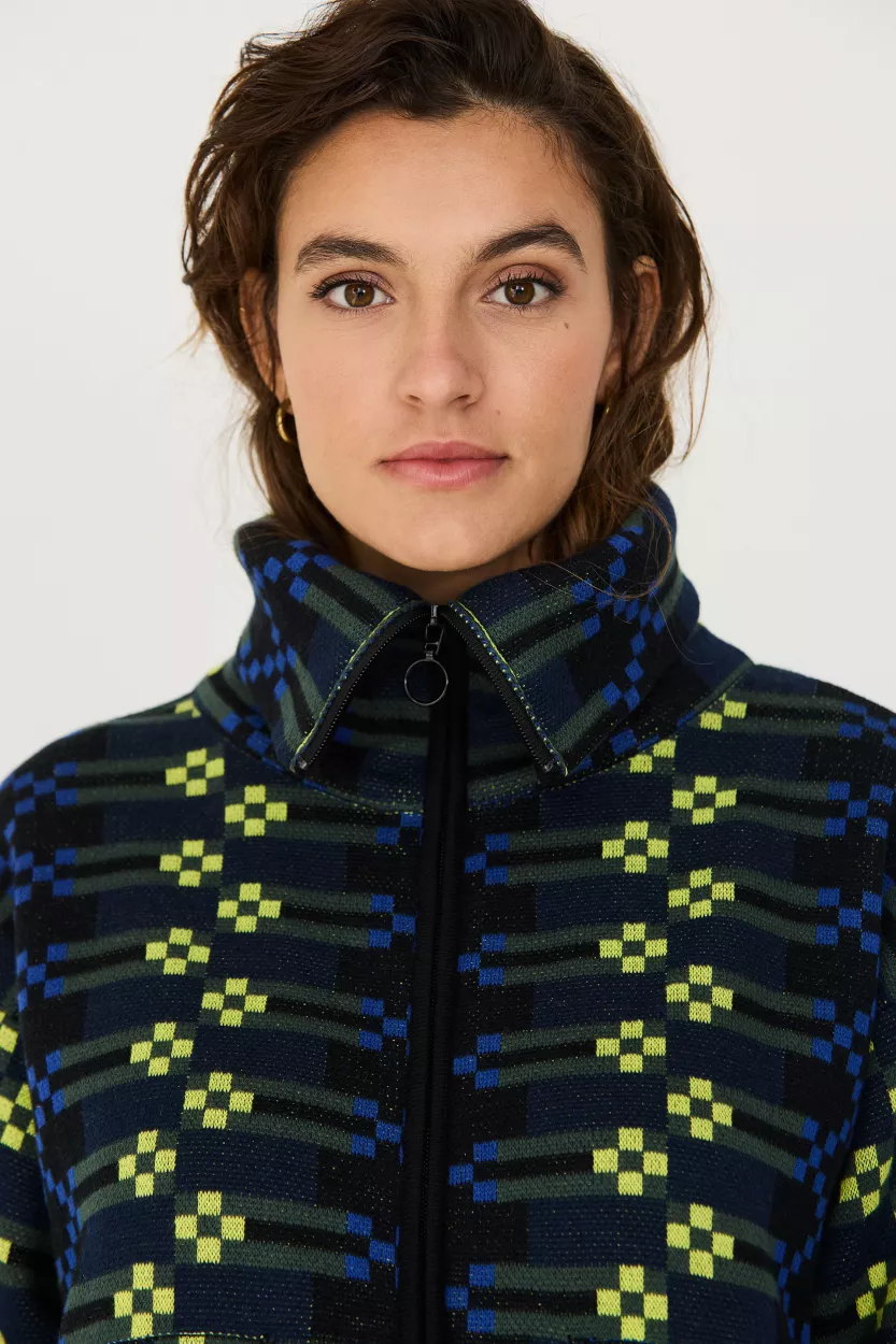 Gilet zippé LENORE-GOTS jacquard noir motif bleu et jaune