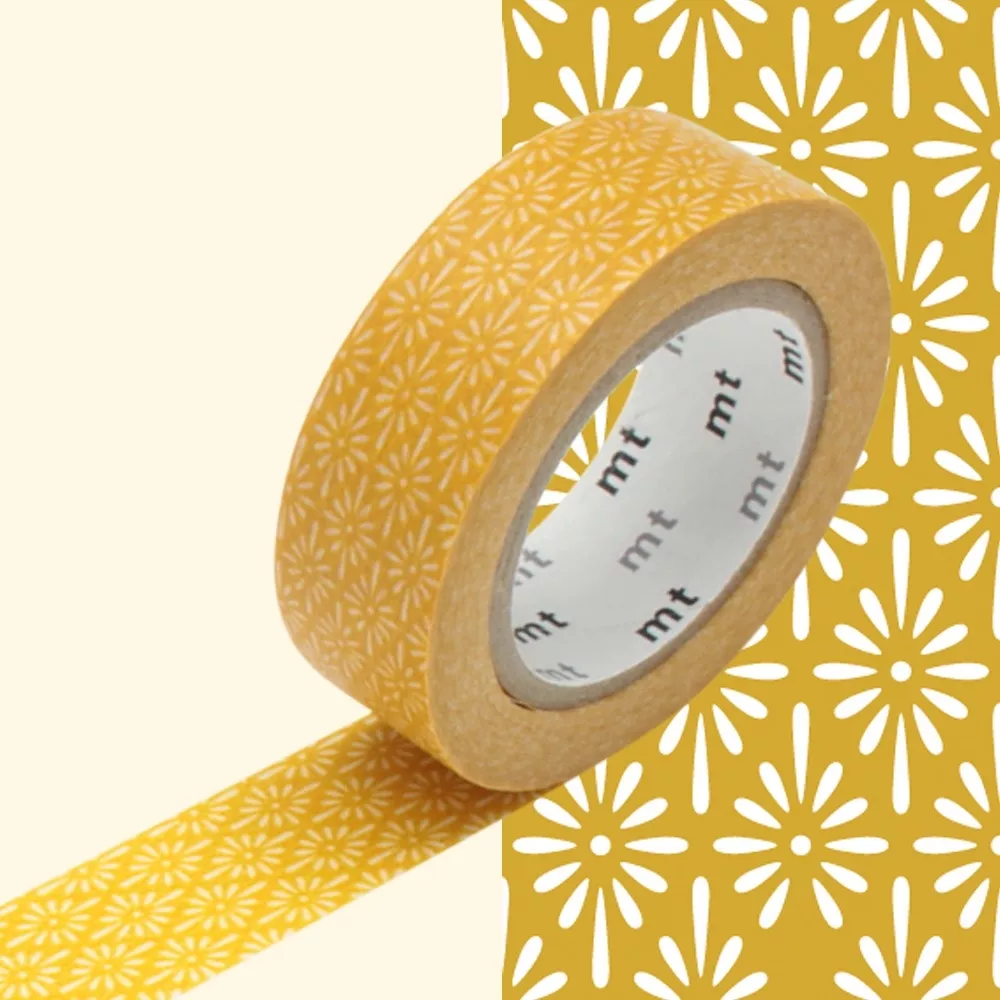 Rouleau 15mm x 10m Motif fleurs jaune / hanabishi kiku