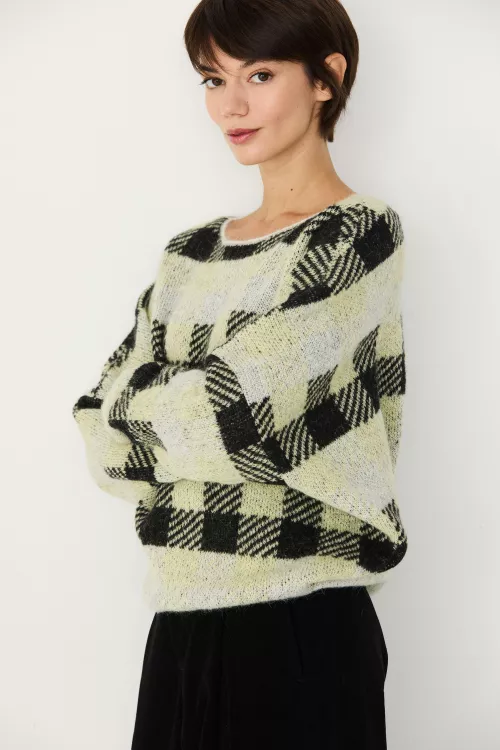 Pull NAIA jacquard carreaux noir gris jaune