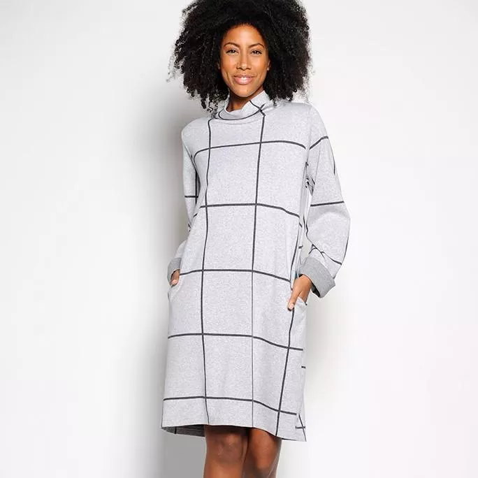 Robe sweat col roulé, gris carreaux noirs