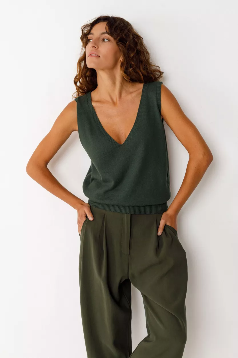 Top fine maille MAINDI-GOTS vert kaki foncé
